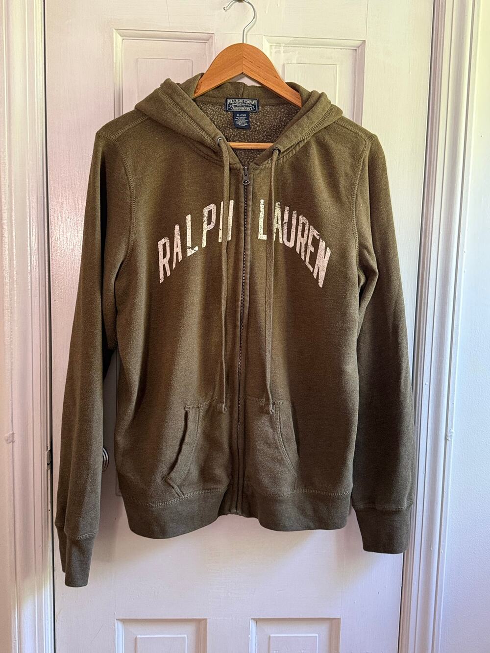 Vintage Polo Jeans Co Ralph Lauren Hoodie Mens XL Zip Up Olive Green 90s